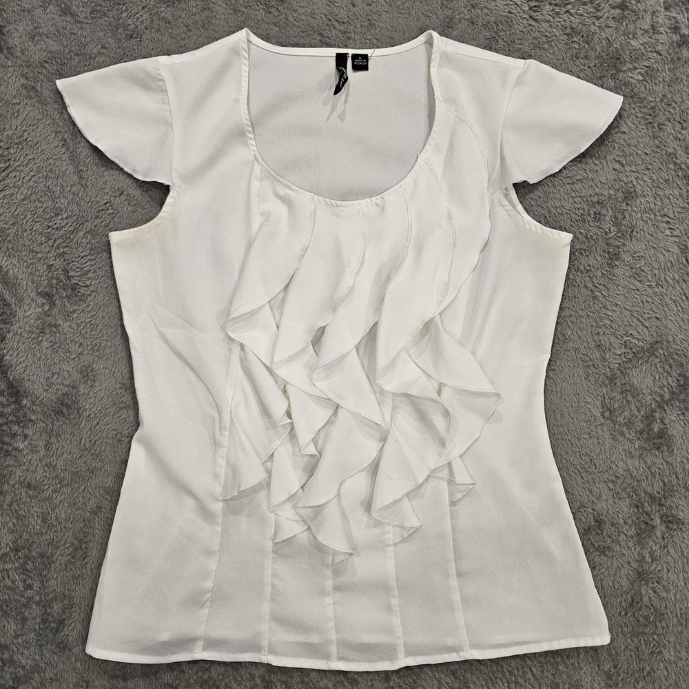 M Milano White Ruffle Front Flutter Sleeve Scoop Neck Blouse Small